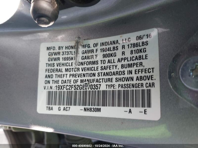 2016 HONDA CIVIC LX - 19XFC2F52GE070357 | SeoVin.biz