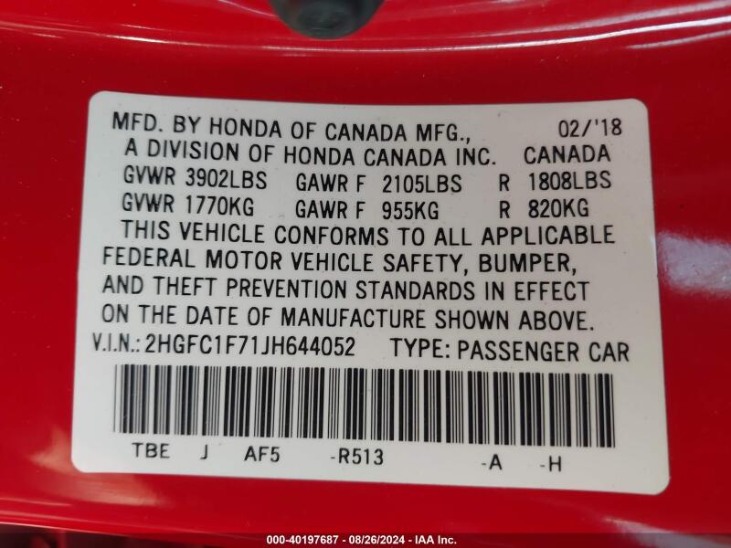 2018 HONDA CIVIC EX-L - 2HGFC1F71JH644052 | SeoVin.biz