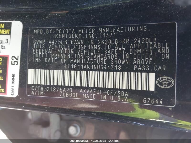 2022 TOYOTA CAMRY SE - 4T1G11AK3NU644718 | SeoVin.biz