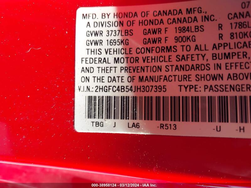 2018 HONDA CIVIC LX - 2HGFC4B54JH307395 | SeoVin.biz
