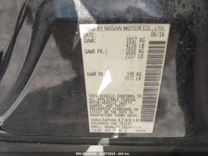 2016 NISSAN ALTIMA 2.5 S - 1N4AL3APXGN374918 | SeoVin.biz