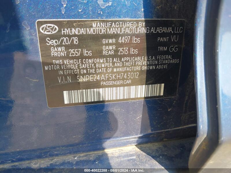 2019 HYUNDAI SONATA SE - 5NPE24AF5KH743012 | SeoVin.biz