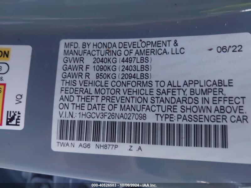 2022 HONDA ACCORD HYBRID SPORT - 1HGCV3F26NA027098 | SeoVin.biz