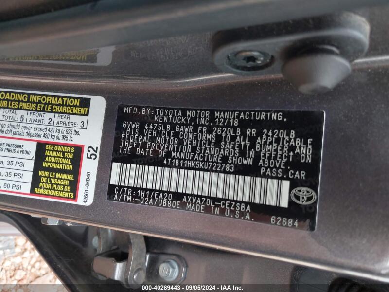 2019 TOYOTA CAMRY SE - 4T1B11HK5KU722783 | SeoVin.biz