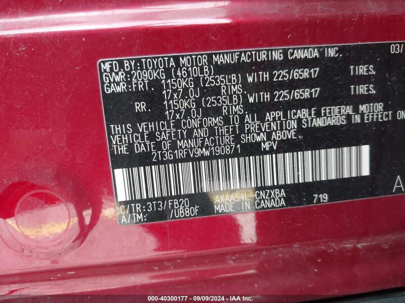 2021 TOYOTA RAV4 LE - 2T3G1RFV9MW190871 | SeoVin.biz