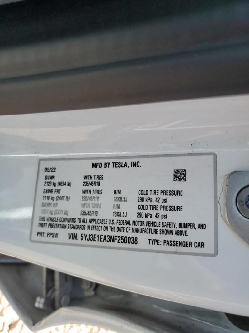 2022 TESLA MODEL 3 - 5YJ3E1EA3NF250038 | SeoVin.biz