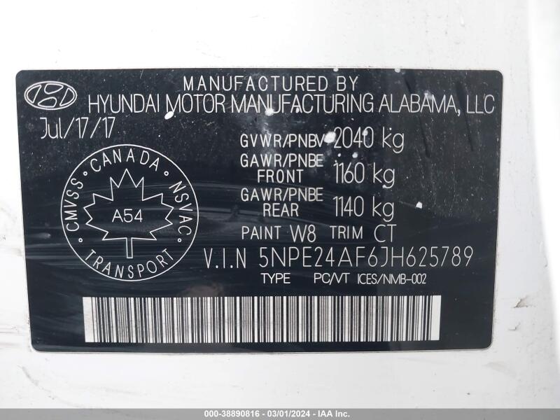 2018 HYUNDAI SONATA GL - 5NPE24AF6JH625789 | SeoVin.biz