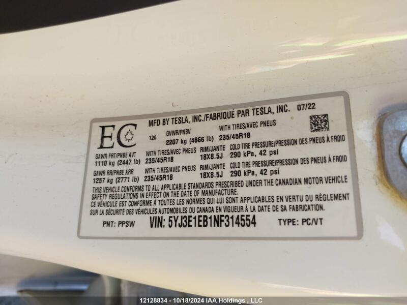 2022 TESLA MODEL 3 - 5YJ3E1EB1NF314554 | SeoVin.biz
