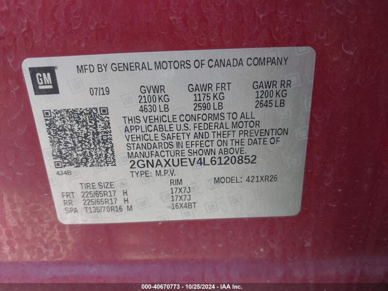 2020 CHEVROLET EQUINOX AWD LT 1.5L TURBO - 2GNAXUEV4L6120852 | SeoVin.biz