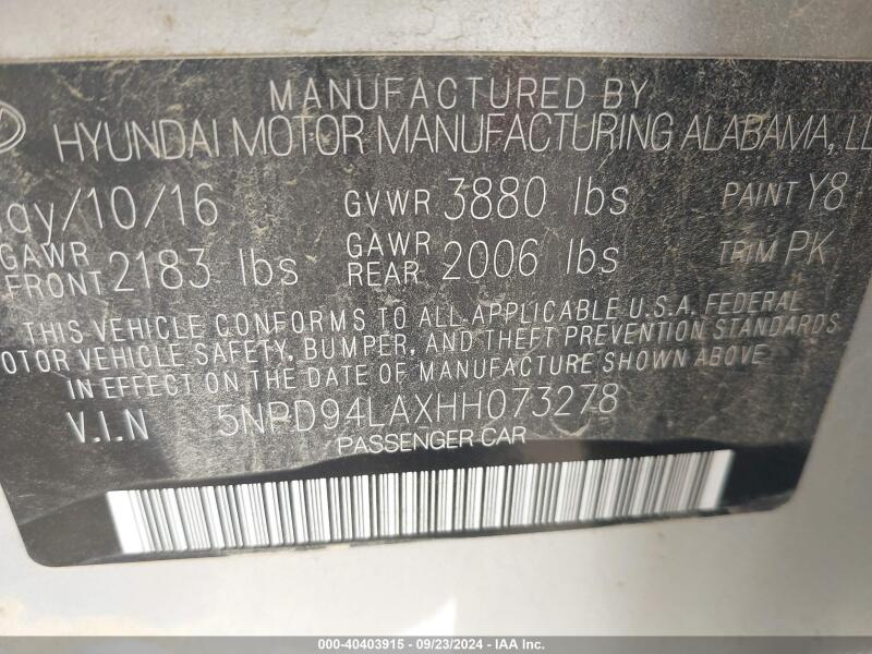2017 HYUNDAI ELANTRA ECO - 5NPD94LAXHH073278 | SeoVin.biz