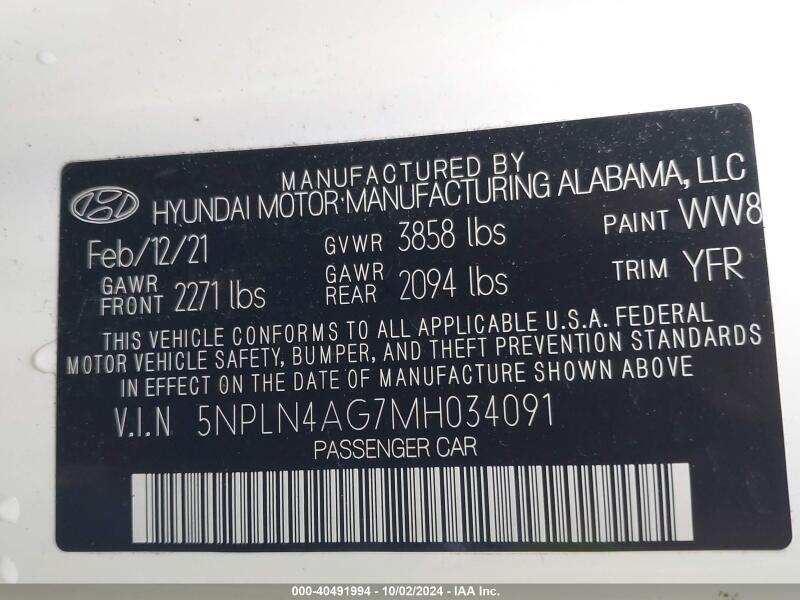 2021 HYUNDAI ELANTRA SEL - 5NPLN4AG7MH034091 | SeoVin.biz