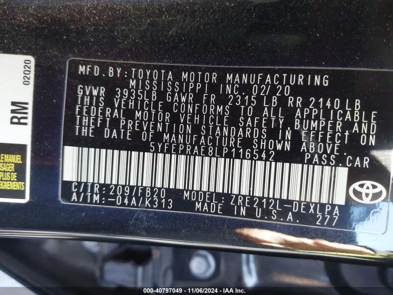 2020 TOYOTA COROLLA LE - 5YFEPRAE8LP116542 | SeoVin.biz