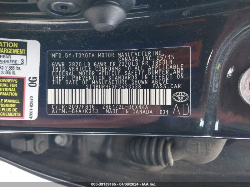2015 TOYOTA COROLLA LE - 2T1BURHEXFC423538 | SeoVin.biz