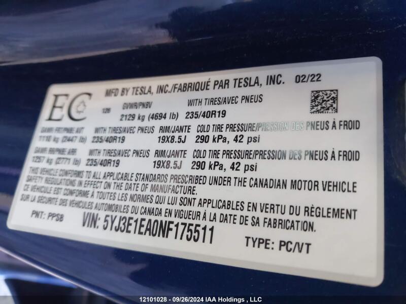 2022 TESLA MODEL 3 - 5YJ3E1EA0NF175511 | SeoVin.biz