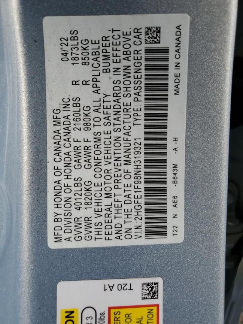 2022 HONDA CIVIC TOURING - 2HGFE1F98NH319321 | SeoVin.biz