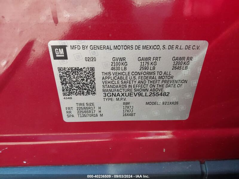 2020 CHEVROLET EQUINOX AWD LT 1.5L TURBO - 3GNAXUEV9LL255482 | SeoVin.biz