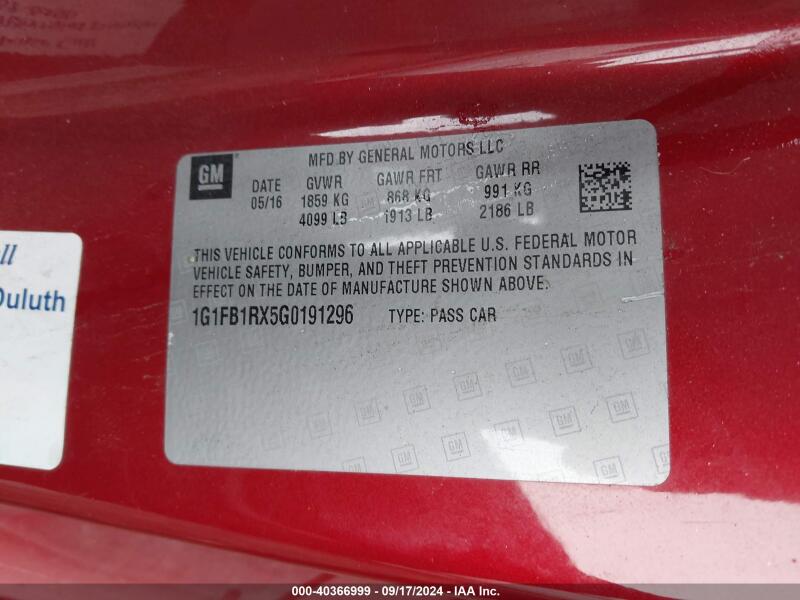 2016 CHEVROLET CAMARO 1LT - 1G1FB1RX5G0191296 | SeoVin.biz