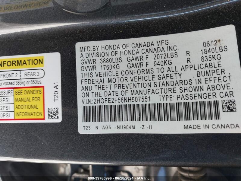 2022 HONDA CIVIC SPORT - 2HGFE2F58NH507551 | SeoVin.biz