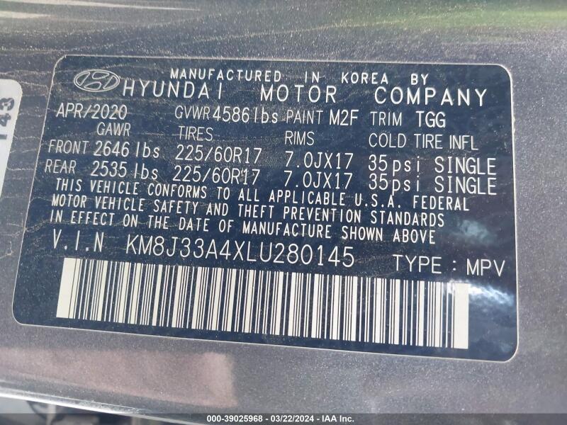 2020 HYUNDAI TUCSON VALUE - KM8J33A4XLU280145 | SeoVin.biz