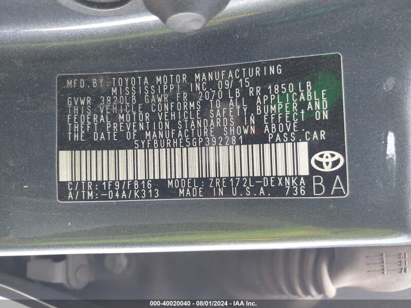 2016 TOYOTA COROLLA LE PLUS - 5YFBURHE5GP392281 | SeoVin.biz