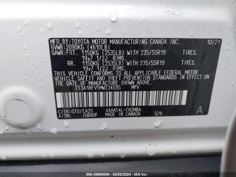 2021 TOYOTA RAV4 XLE PREMIUM - 2T3A1RFV5MW234595 | SeoVin.biz