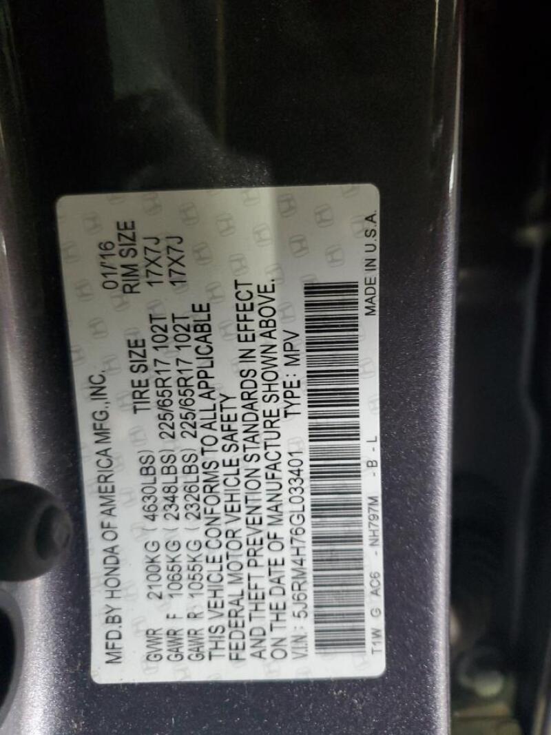2016 HONDA CR-V EXL - 5J6RM4H76GL033401 | SeoVin.biz