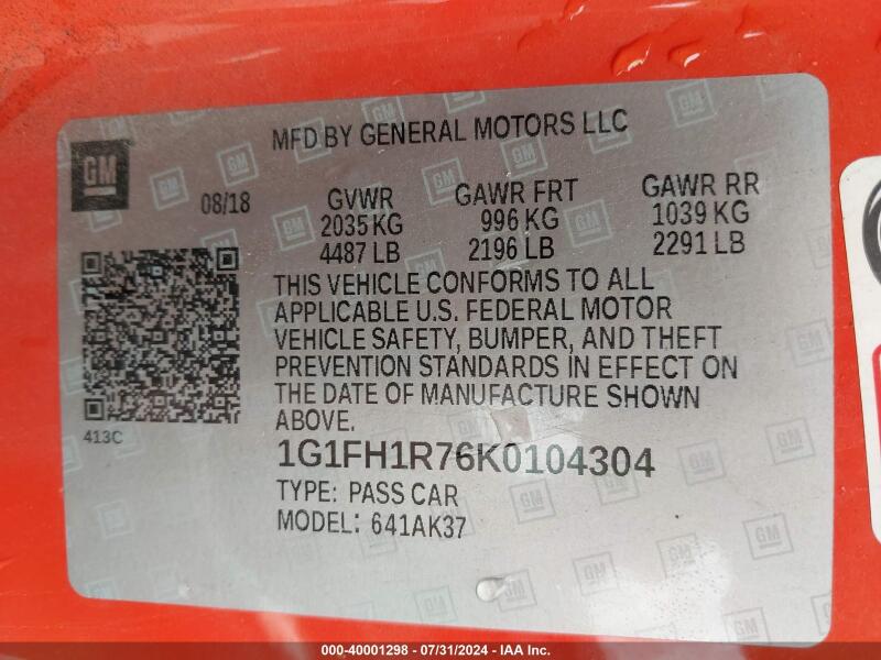 2019 CHEVROLET CAMARO 2SS - 1G1FH1R76K0104304 | SeoVin.biz