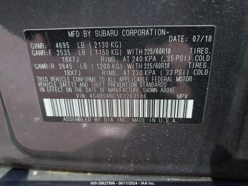 2019 SUBARU OUTBACK 2.5I LIMITED - 4S4BSANC5K3203586 | SeoVin.biz