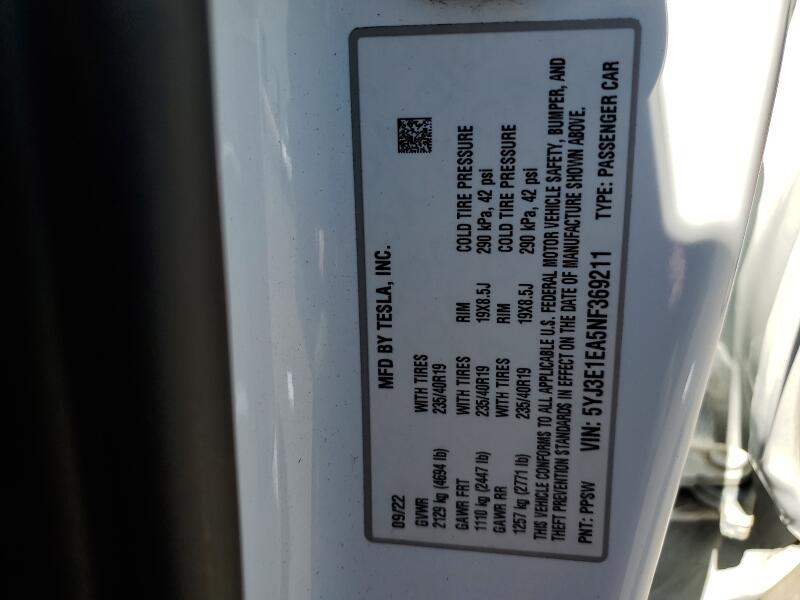 2022 TESLA MODEL 3 - 5YJ3E1EA5NF369211 | SeoVin.biz