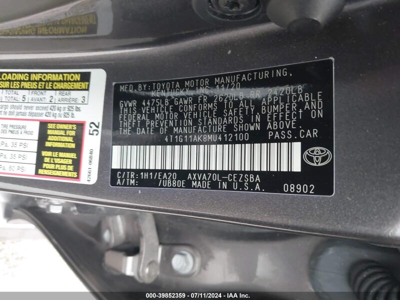 2021 TOYOTA CAMRY SE - 4T1G11AK8MU412100 | SeoVin.biz