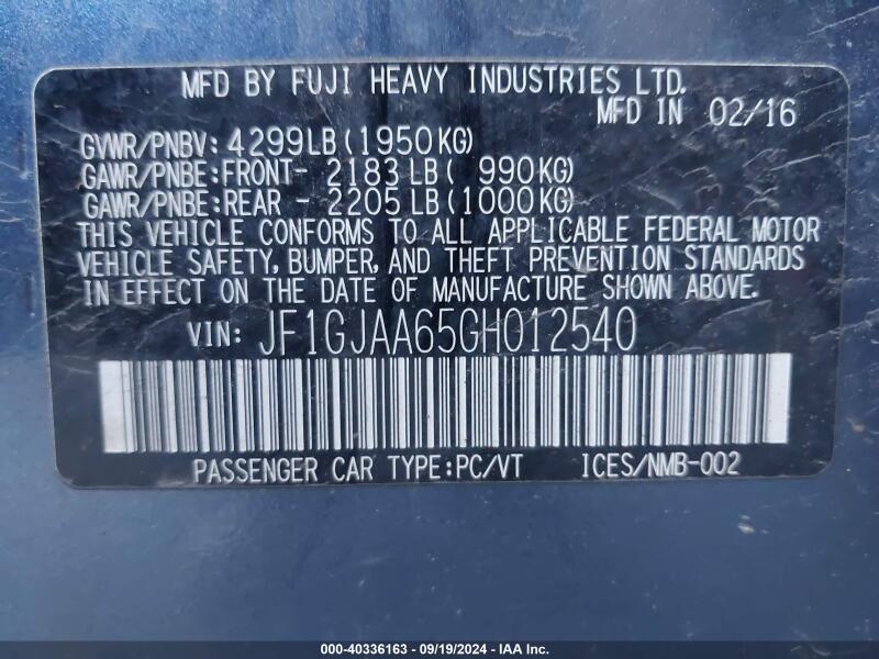2016 SUBARU IMPREZA 2.0I - JF1GJAA65GH012540 | SeoVin.biz