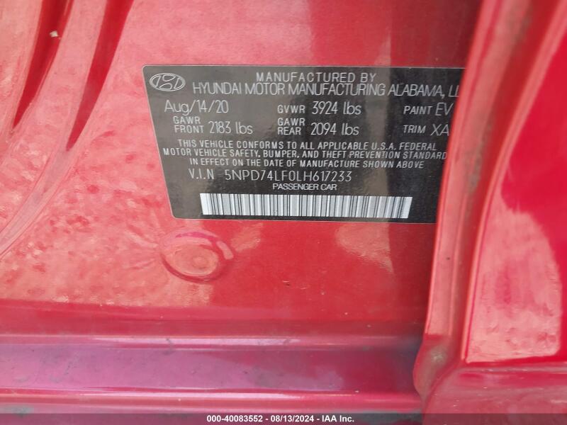 2020 HYUNDAI ELANTRA SE - 5NPD74LF0LH617233 | SeoVin.biz