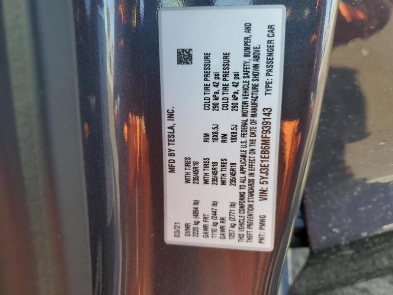 2021 TESLA MODEL 3 - 5YJ3E1EB6MF939143 | SeoVin.biz