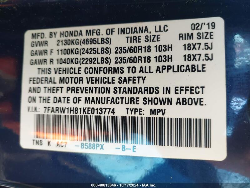 2019 HONDA CR-V EX-L - 7FARW1H81KE013774 | SeoVin.biz