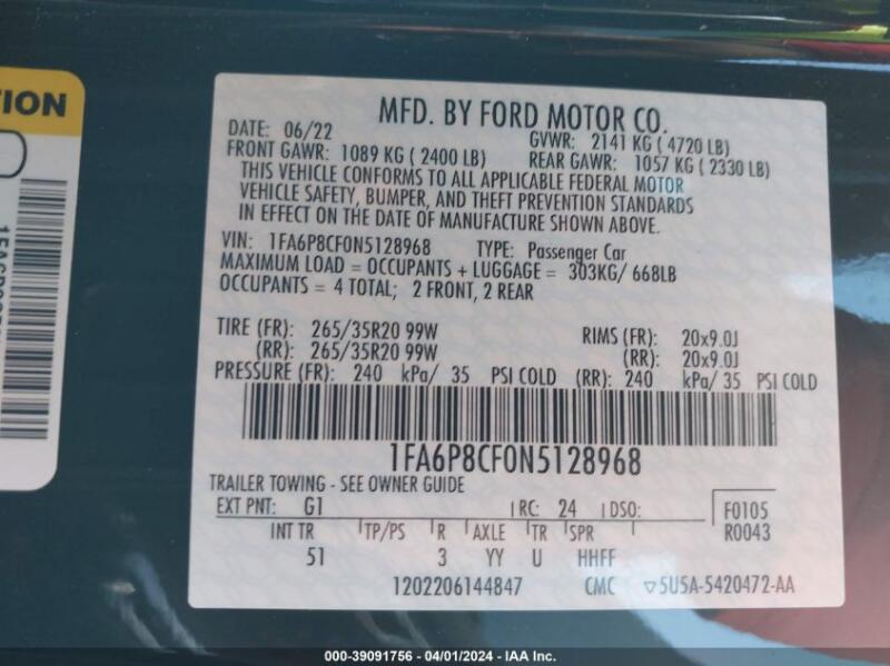 2022 FORD MUSTANG GT PREMIUM FASTBACK - 1FA6P8CF0N5128968 | SeoVin.biz