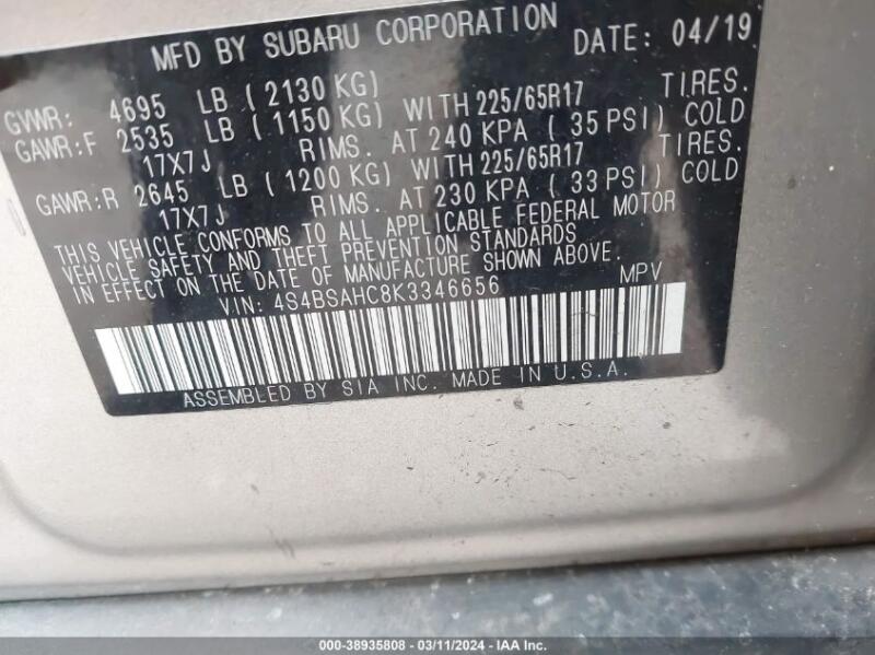 2019 SUBARU OUTBACK 2.5I PREMIUM - 4S4BSAHC8K3346656 | SeoVin.biz
