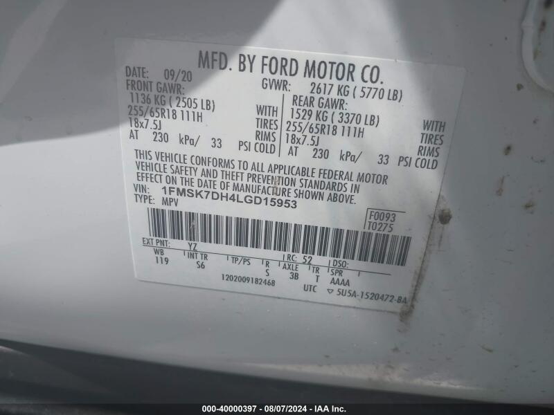 2020 FORD EXPLORER XLT - 1FMSK7DH4LGD15953 | SeoVin.biz