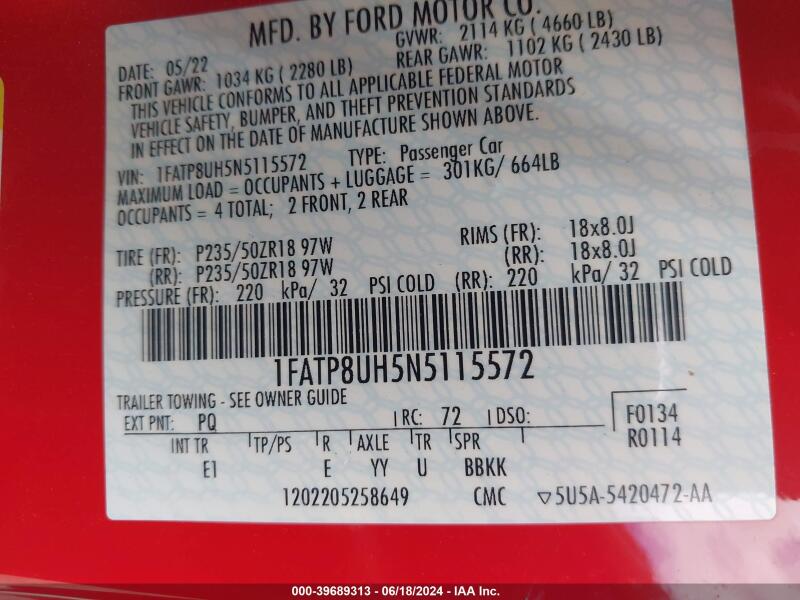 2022 FORD MUSTANG ECOBOOST PREMIUM - 1FATP8UH5N5115572 | SeoVin.biz