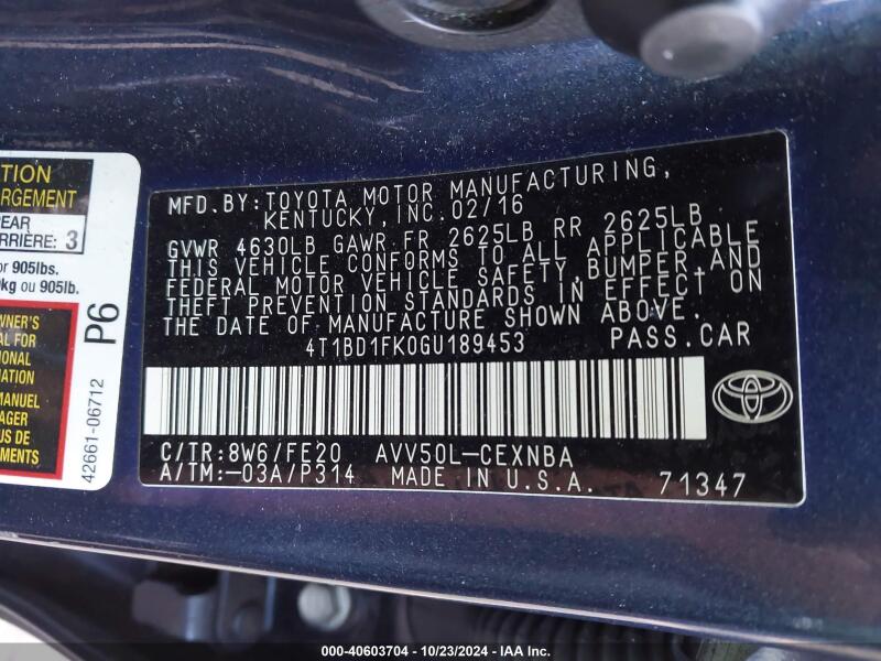 2016 TOYOTA CAMRY HYBRID LE - 4T1BD1FK0GU189453 | SeoVin.biz