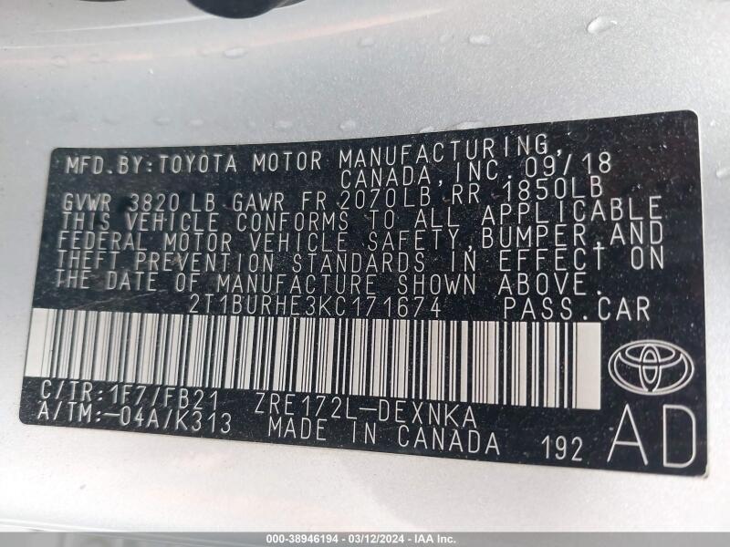 2019 TOYOTA COROLLA LE - 2T1BURHE3KC171674 | SeoVin.biz