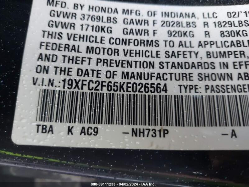 2019 HONDA CIVIC LX - 19XFC2F65KE026564 | SeoVin.biz