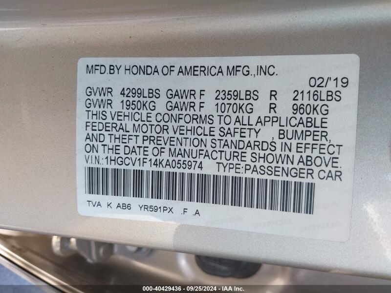 2019 HONDA ACCORD LX - 1HGCV1F14KA055974 | SeoVin.biz