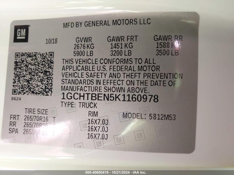 2019 CHEVROLET COLORADO WT - 1GCHTBEN5K1160978 | SeoVin.biz