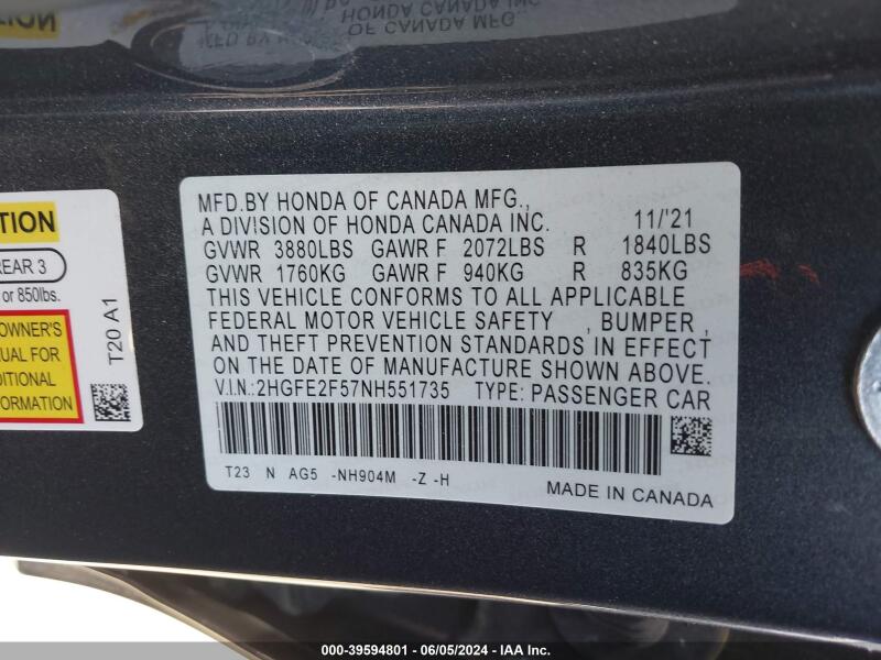 2022 HONDA CIVIC SPORT - 2HGFE2F57NH551735 | SeoVin.biz