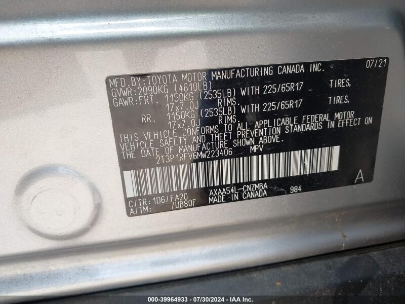 2021 TOYOTA RAV4 XLE - 2T3P1RFV6MW223406 | SeoVin.biz