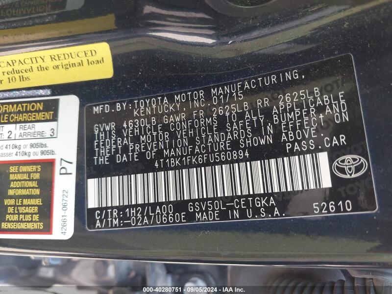 2015 TOYOTA CAMRY XLE V6 - 4T1BK1FK6FU560894 | SeoVin.biz