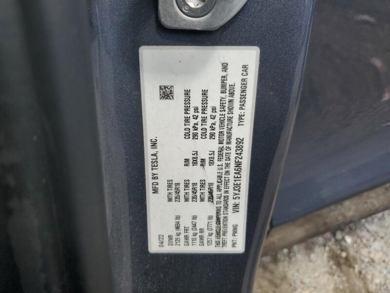2022 TESLA MODEL 3 - 5YJ3E1EA6NF243892 | SeoVin.biz