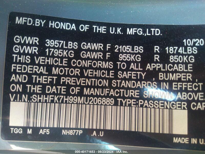 2021 HONDA CIVIC SPORT TOURING - SHHFK7H99MU206889 | SeoVin.biz