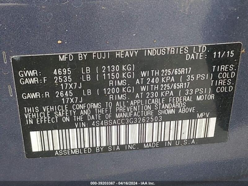 2016 SUBARU OUTBACK 2.5I PREMIUM - 4S4BSACC3G3262503 | SeoVin.biz