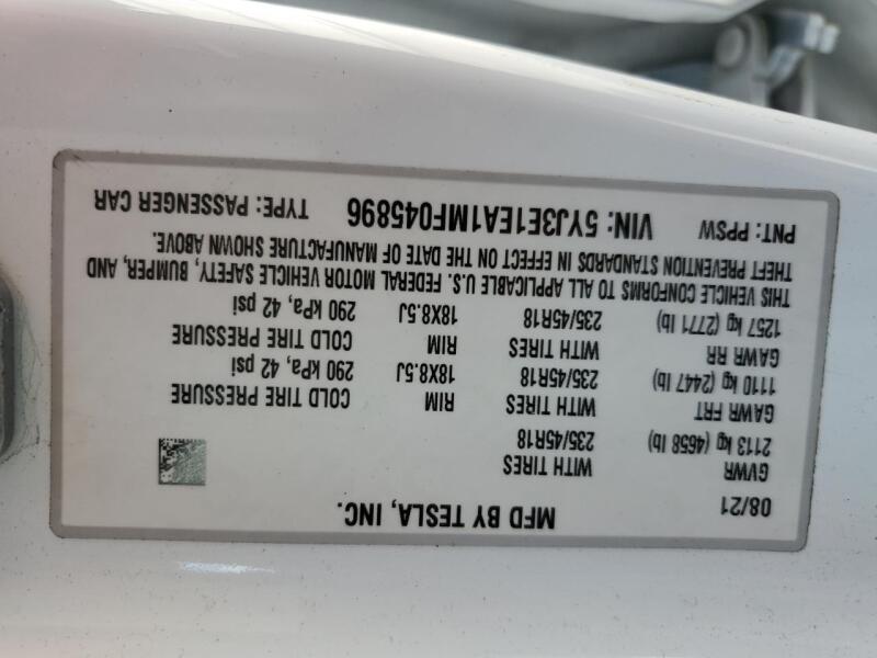 2021 TESLA MODEL 3 - 5YJ3E1EA1MF045896 | SeoVin.biz
